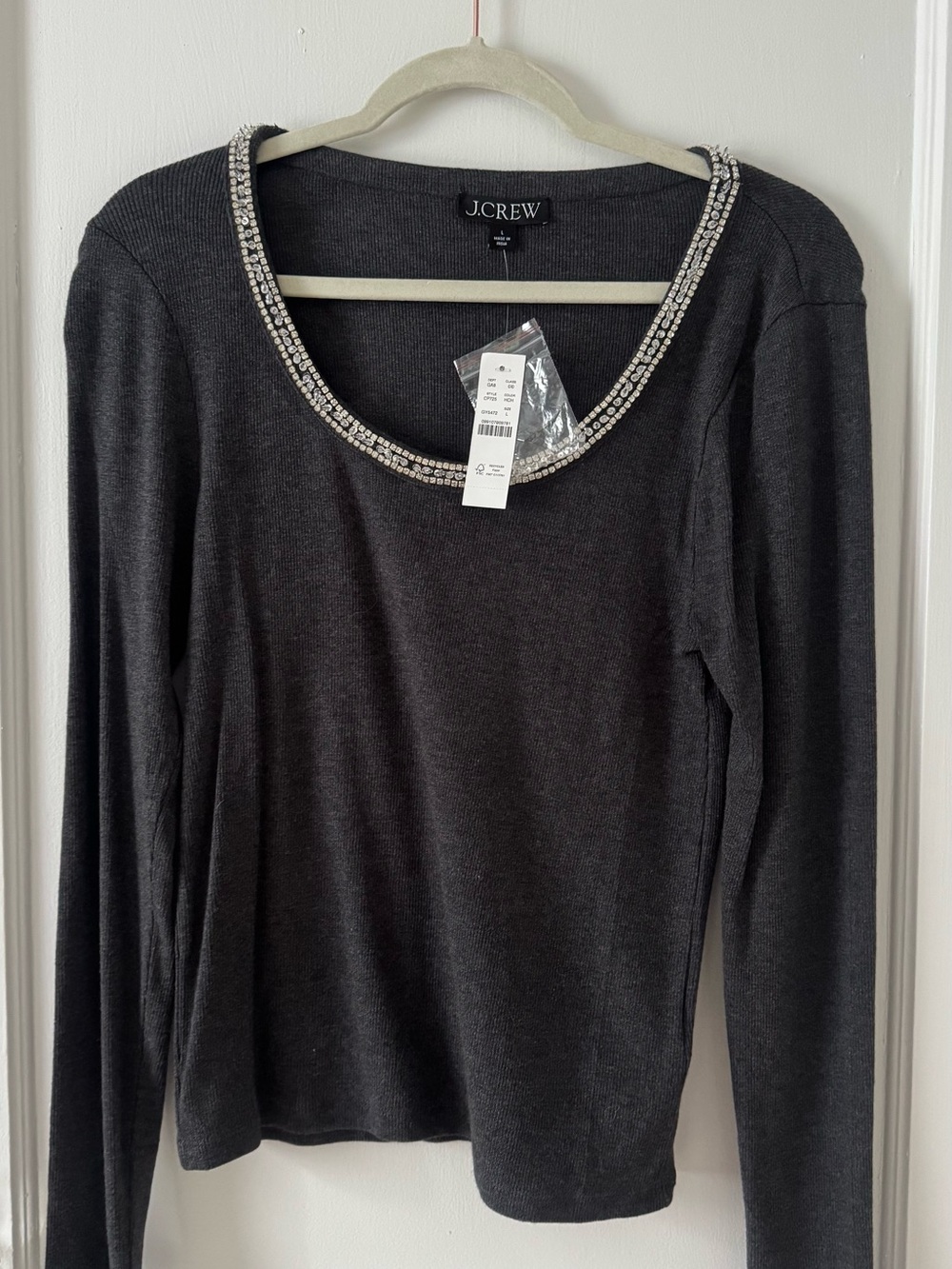 J. Crew Charcoal Ribbed Scoop Neck Top with Embellishments